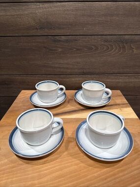 Pfaltzgraff Sky Pattern White and Blue Rim Ceramic Cups with Saucers - Set of 4